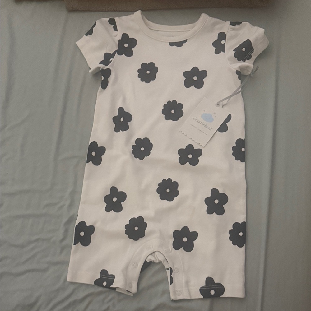 cloud island White Romper with Black Floral Motif